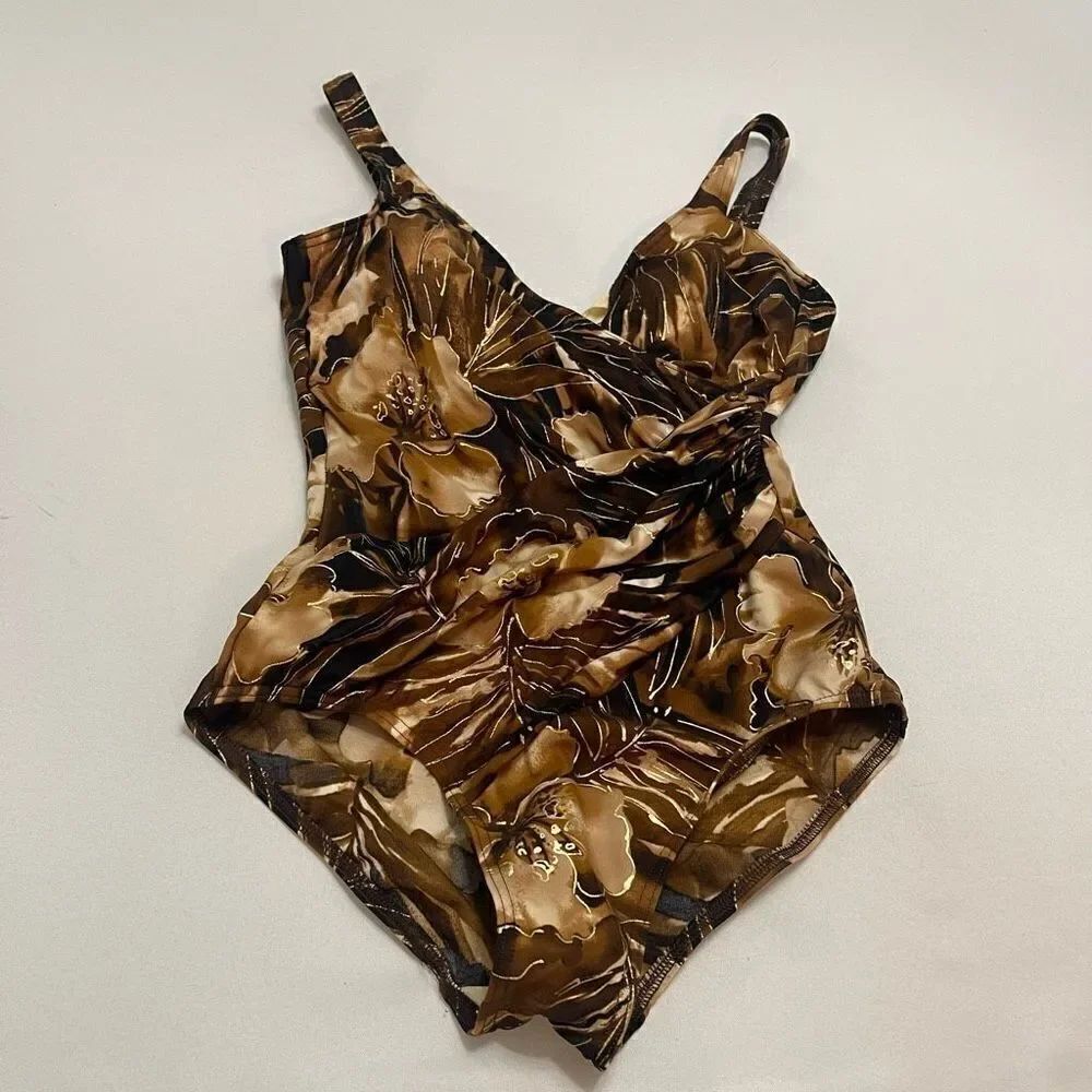 Miraclesuit VTG Pandora Brown Floral One Piece Bathing Suit Swimsuit Size 12